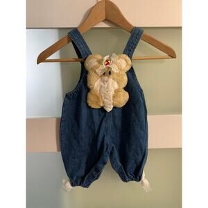 Vintage Sweet Me Denim Bear Fuzzy Plush Overall Romper 6-9 mos.